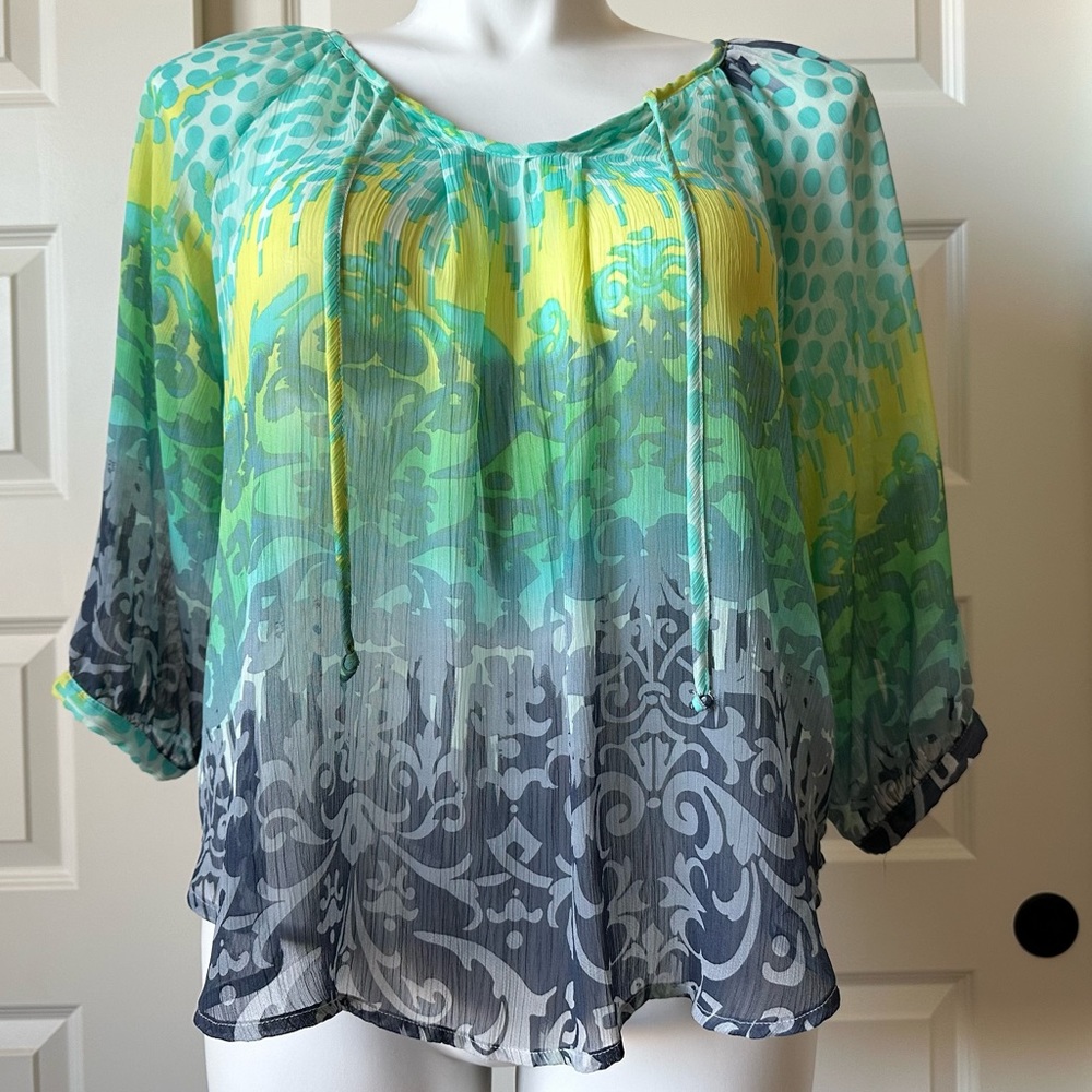 BCX Size Large Blue Green and Yellow Blouse
